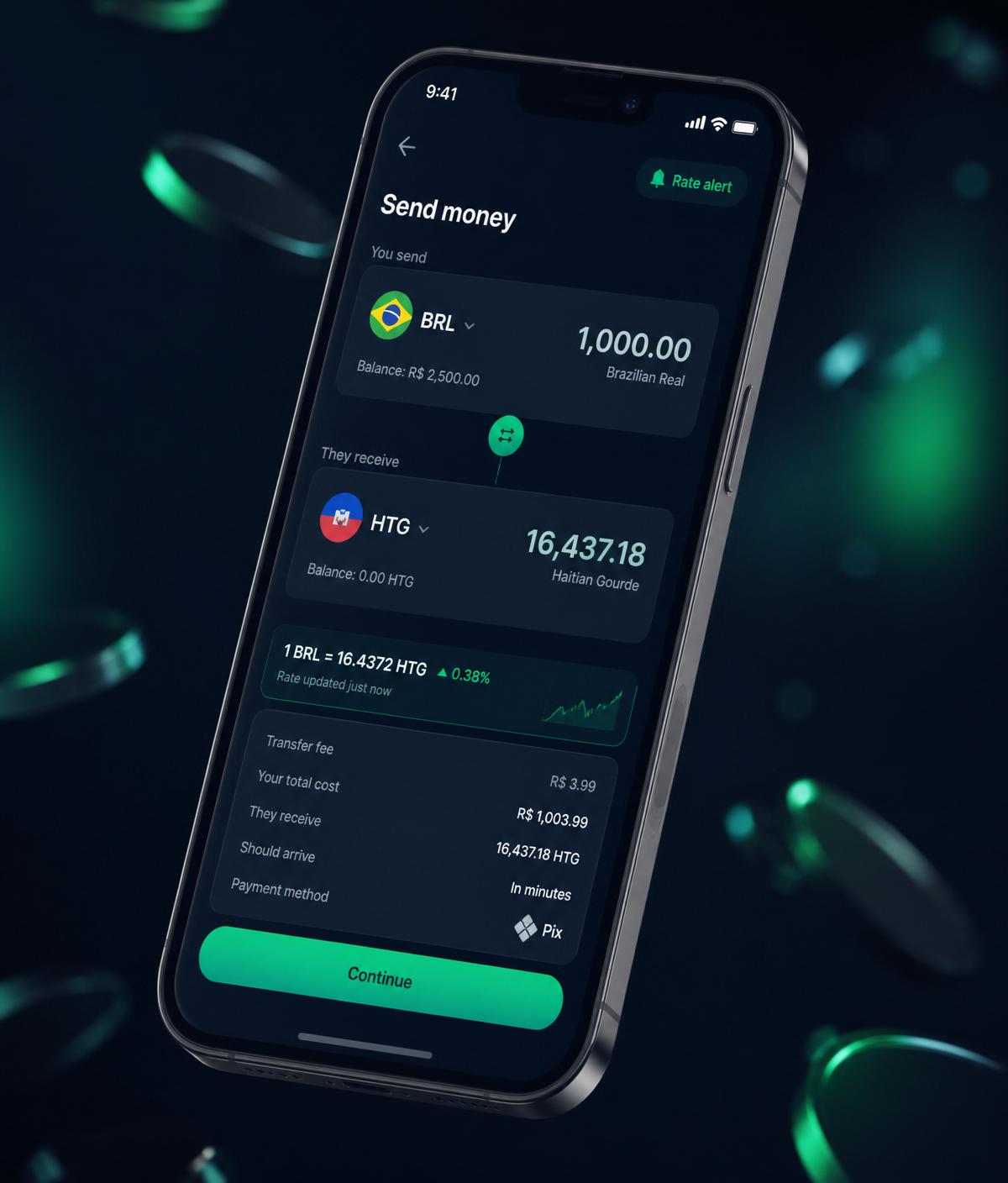 Interface Ticash Pay mostrando envio de BRL para HTG