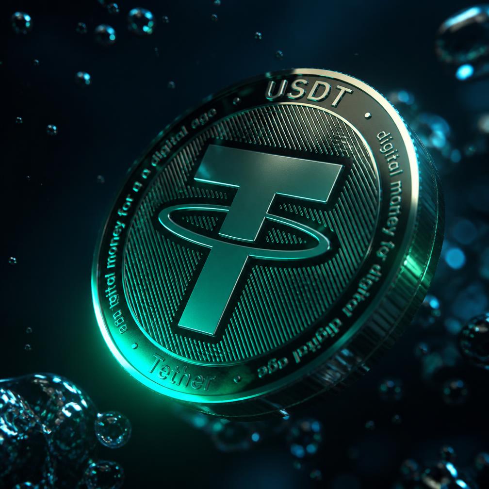 Moeda USDT com brilho esmeralda